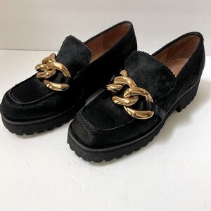 ALL BLACK Chunky Black Calf Hair Lug Sole Chain Loafers Sz EU 38/US 7.5
